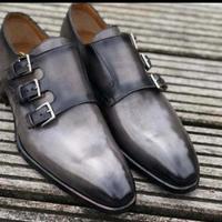 Classic Men's Grey Black Triple Monk Strap Leather Shoes - Thumbnail 1