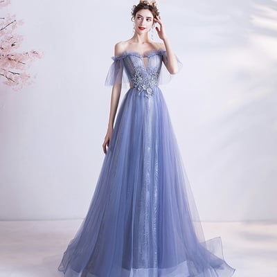 Blue tulle lace long a line prom dress evening dress - Thumbnail 4