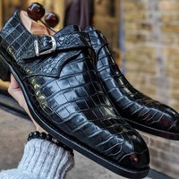 New Pure Handmade Textured Leather Black Alligator Monk Strap Shoes For Men's - Thumbnail 4