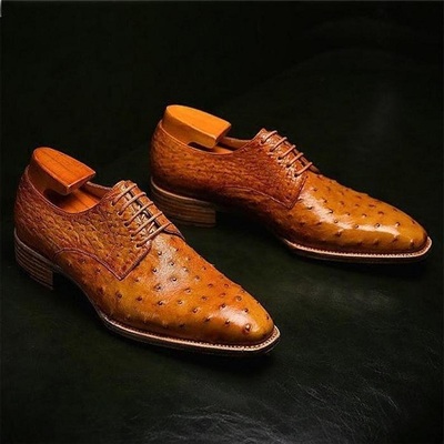 New Handmade Pure Tan Ostrich Textured Leather Stylish Shoes for Men's