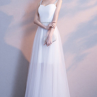 White tulle long A line prom dress white evening dress - Thumbnail 2