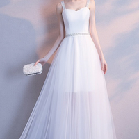 White tulle long A line prom dress white evening dress - Thumbnail 6