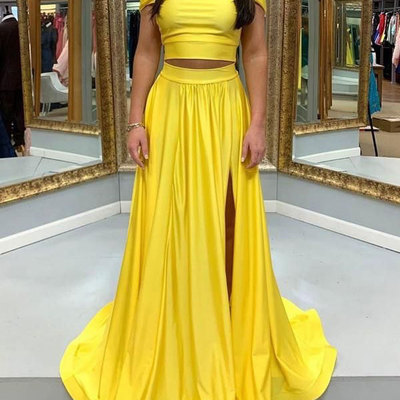 Yellow two piece prom dresses with split - Thumbnail 3