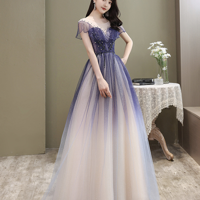 Cute tulle long a line prom dress cute evening dress - Thumbnail 3