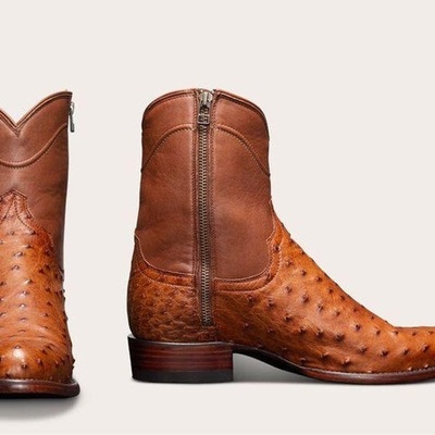 New handmade pure brown textured leather & brown ostrich leather cowboy boots for men's