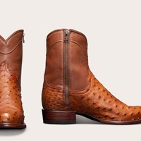 New Handmade Pure Brown Textured Leather & Brown Ostrich Leather Cowboy Boots for Men's - Thumbnail 4