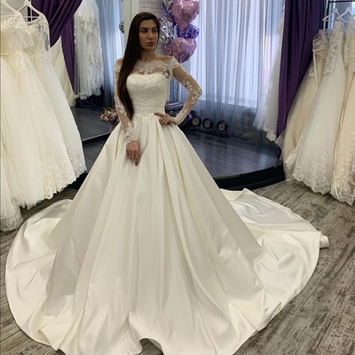 Elegant a-line off the shoulder satin wedding dresses with long sleeve - Thumbnail 2