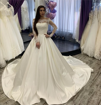 Elegant A-Line Off the Shoulder Satin Wedding Dresses with Long Sleeve