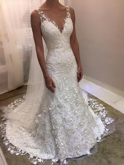 Mermaid V Neck Lace Wedding Dresses