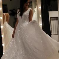 Sparkly Bridal Gowns V Neck Backless Wedding Dresses with Sequins，515 - Thumbnail 1