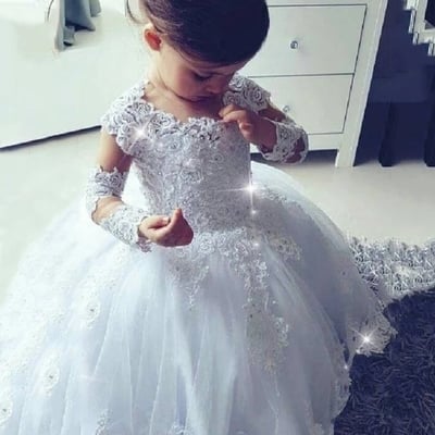 Pretty ball gown long sleeve white tulle lace flower gilr dresses