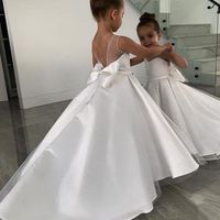 Simple White Satin Flower Girl Dresses for Wedding Birthday Party Dresses - Thumbnail 1