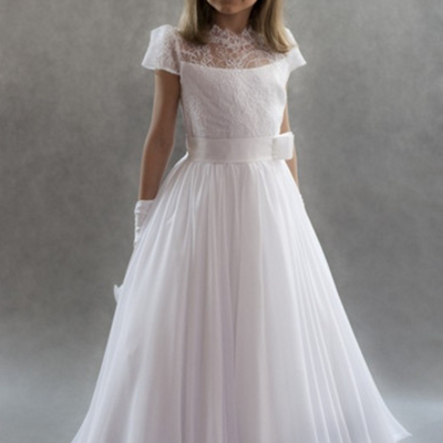 Vintage a-line cap sleeve white lace flower gilr dresses