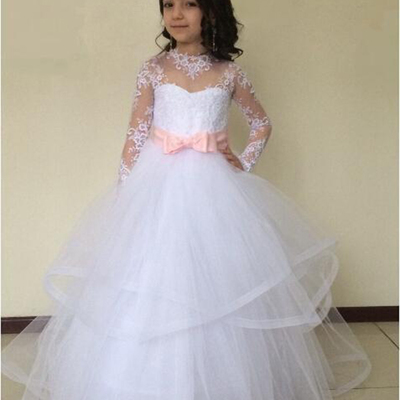 Long sleeve lace cute new brithday party baby little kids flower girl dress princess girls pageant dresses