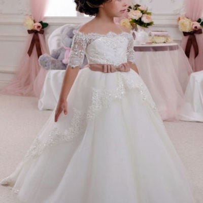 Cute off the shoulder half sleeve white flower girl dresses