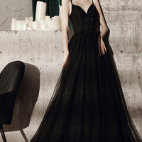 Black tulle long A line prom dress evening dress - Thumbnail 5