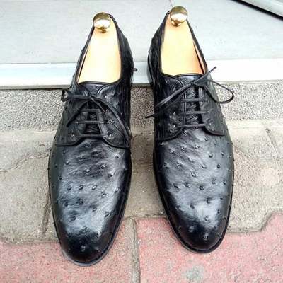 New handmade pure black ostrich textured leather stylish shoes for men's