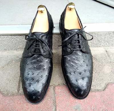 New Handmade Pure Black Ostrich Textured Leather Stylish Shoes for Men's
