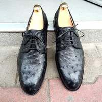 New Handmade Pure Black Ostrich Textured Leather Stylish Shoes for Men's - Thumbnail 1