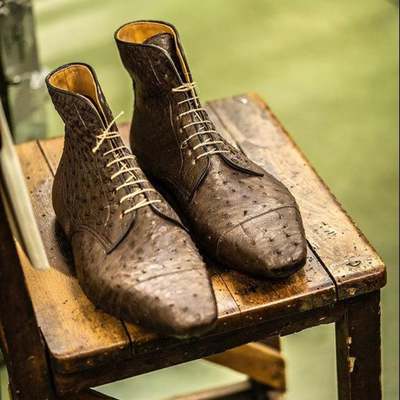 Men handmade pure brown textured leather & brown ostric brown textured leather & brown ostrich leather ankle boots for men's - Thumbnail 1