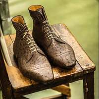 Men Handmade Pure Brown Textured Leather & Brown Ostric Brown Textured Leather & Brown Ostrich Leather Ankle Boots for Men's - Thumbnail 4