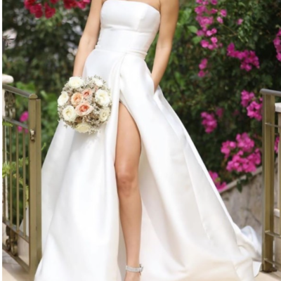 Satin strapless leg slit wedding gown with pockets,1005
