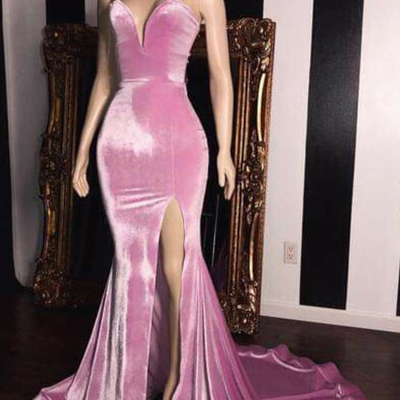 Pink velvet prom evening dresses with mermaid skirt,1007