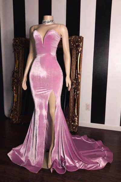 Pink Velvet Prom Evening Dresses with Mermaid Skirt,1007
