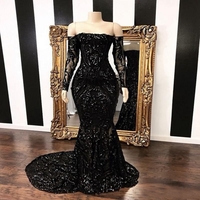 2021 Off The Shoulder Black Mermaid Prom Party Dresses New Long Sleeve Sweep train Sequined Formal Evening Gowns，1010 - Thumbnail 2