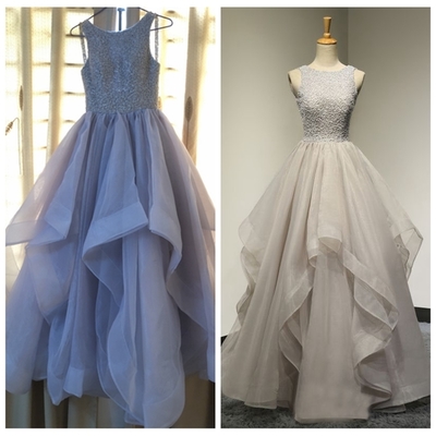 Swan Grey Prom Dresses Online Scoop Ruffled Skirt Unique Prom Dresses with Top Heavy Beading Long Evening Dresses with Sweep Train，1012