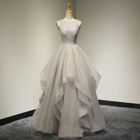 Swan Grey Prom Dresses Online Scoop Ruffled Skirt Unique Prom Dresses with Top Heavy Beading Long Evening Dresses with Sweep Train，1012 - Thumbnail 2