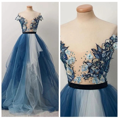 Gorgeous scoop dark navy floral evening dresses chic applique a line prom dresses tiere and ruffle tulle boho evening gowns for formal party,1013