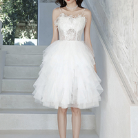 White tulle lace short prom dress party dress - Thumbnail 5