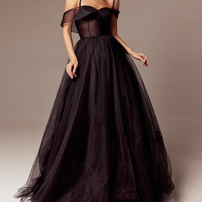 Elegant a-line off the shoulder black long prom party dresses - Thumbnail 3
