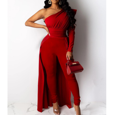Red one-shoulder puff sleeve skinny jumpsuit - Thumbnail 4