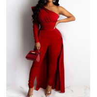 Red One-Shoulder Puff Sleeve Skinny Jumpsuit - Thumbnail 2
