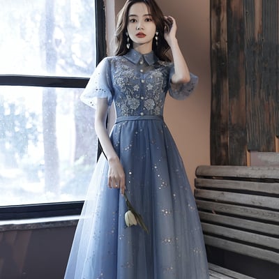 Cute blue short a line prom dress party dress - Thumbnail 3