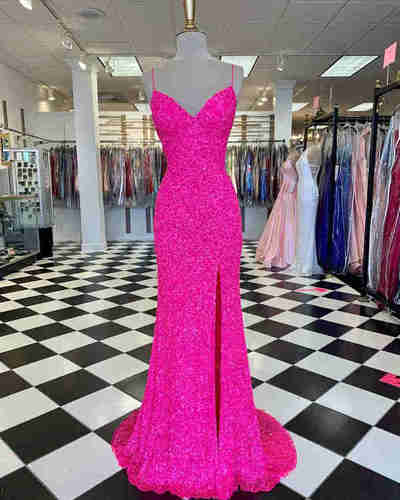 Hot Pink Straps Prom Dress with Slit,Mermaid Prom Dresses,Sexy Party Dresses,1022