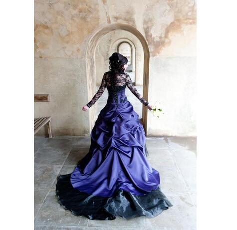 purple gothic wedding dress and Black Strapless CONSTANCE Size 10 / Custom Color Unique Gothic style wedding dress in a luxurious purple gothic black and purple dress