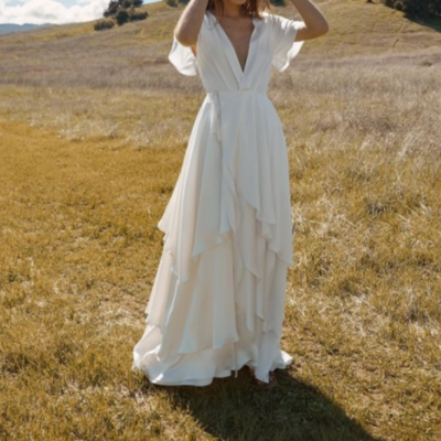 Ivory chiffon v neck beach wedding dress,trumpet sleeves ruffles bridal gowns,1028
