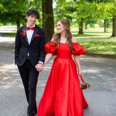 New arrival two piece red off the shoulder satin prom evening dresses with pockets - Thumbnail 2