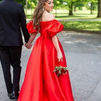 New Arrival Two Piece Red Off the Shoulder Satin Prom Evening Dresses with Pockets - Thumbnail 2