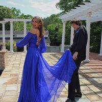 Chic A-Line Royal Blue Chiffon Long Sleeve Evening Party Dresses Prom Dresses - Thumbnail 1