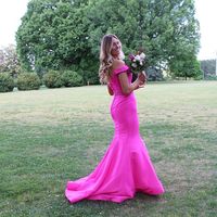 Mermaid Off the Shoulder Satin Long Prom Evening Dresses with Beading - Thumbnail 1