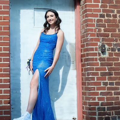 Beautiful scoop neck blue sequin long prom evening dresses with side slit - Thumbnail 2