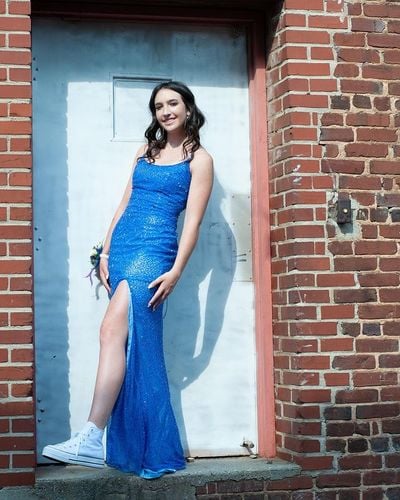 Beautiful Scoop Neck Blue Sequin Long Prom Evening Dresses with Side Slit