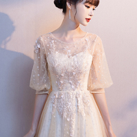 Champagne tulle lace short A line prom dress - Thumbnail 1