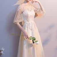 Champagne tulle lace short A line prom dress - Thumbnail 2