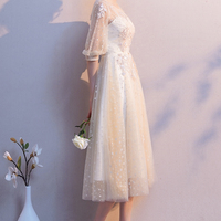 Champagne tulle lace short A line prom dress - Thumbnail 3