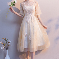 Champagne tulle lace short A line prom dress - Thumbnail 4